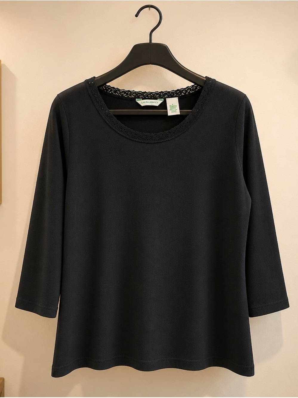 LAURA ASHLEY Black Top, 95% Cotton, Size L